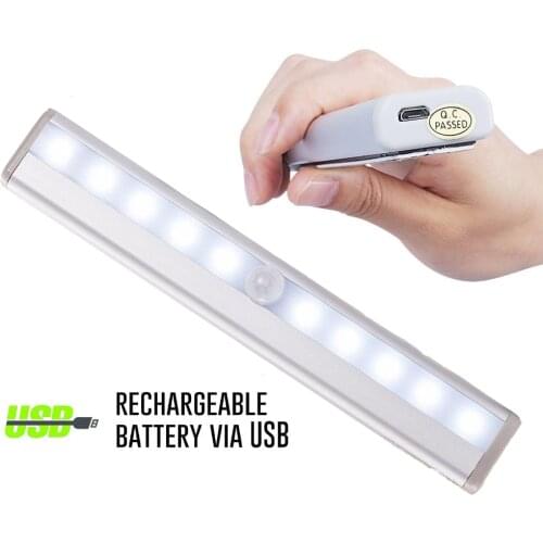 10 LED Motion Sensor Light USB Rechargeable Sensor Night Light Closet Light For Cabinet Wardrobe Kitchen Stair Magnetic Stick-on