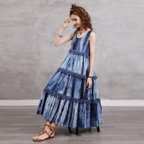 Loose large size tassel cake cotton and linen dress summer 2021 new vintage tie-dye vest dress A82312