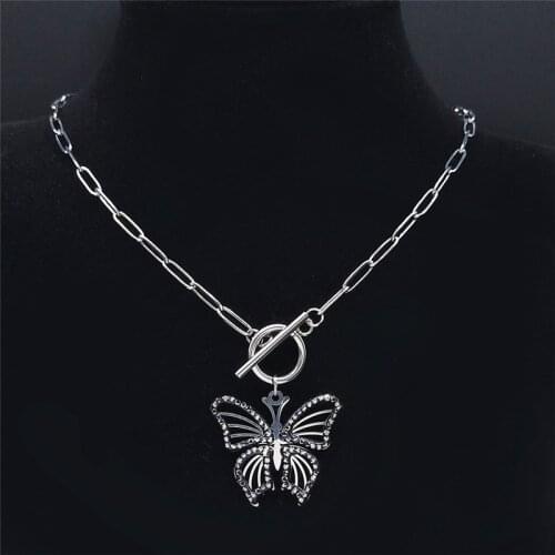 Hip Hop Crystal Stainless Steel Butterfly Chokers Necklaces Women/Men Silver Color Necklaces Jewery collier papillon NXS03