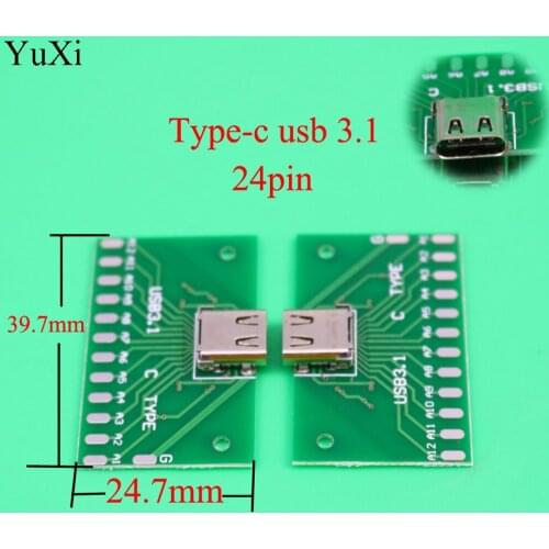 YuXi Type-C USB3.1 Female Connector Adapter Test Board USB 3.1 24P 24Pin Socket Base PCB Board for Arduino USB 2.0 DIY