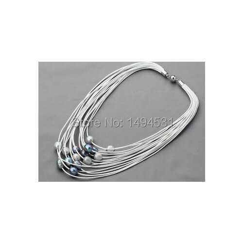 Pearl Necklace - Multi-Strand 11-12mm White Gray Multicolor Freshwater Pearl White Leather Necklace Magnet Clasp Women Jewelry