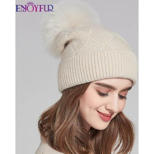 ENJOYFUR Real Fox/Raccoon Fur Pompom Winter Hats Slouchy Beanies For Women Thick Warm Wool Cap For Lady