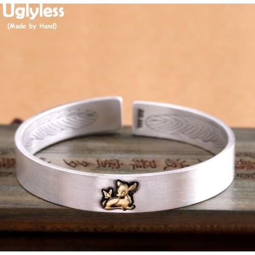 Uglyless Solid 999 Silver Lotus Deer Bangles for Women Double-side Carved Feather Open Bangles Thai Silver Motto Jewelry BA653