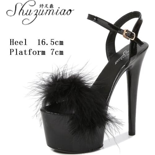 Female Sexy Striptease Party Club Model Show Wedding Women 2021 Furry Pole Dancing Shoes 17 CM Platform Super High Heel Sandals
