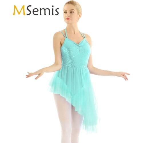 MSemis Women Lyrical Ballet Dance Costume Spaghetti Straps Halter Neck Sequin Asymmetrical Tulle Ballet Dress Gymnastics Leotard