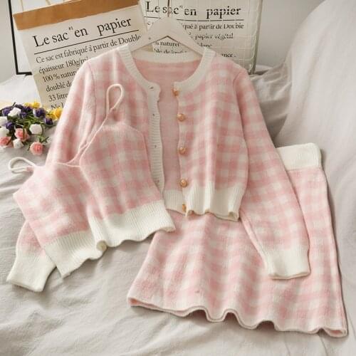 Sweet Plaid Three-Piece Womens New O Neck Single-Breasted Long-Sleeved Loose Sweater With Short Strap Two Piece Set Skirt s1179