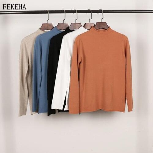 Autumn Winter Women Sweater Pullover Solid Long Sleeve Half Turtleneck Elasticity Knitted Lady Tops Black White Jumper Knitwear