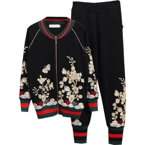Autumn New 2 Piece Set Women Fashion Flower Embroidery Long Sleeve Knitted Sweater + Casual Pants Knit Set Women Cardigan Tops