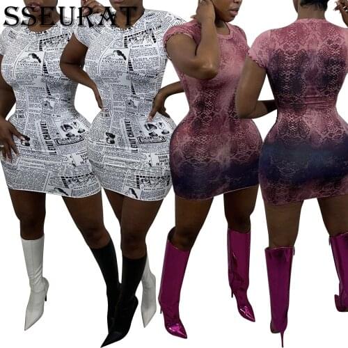 SSEURAT Summer 2021 Women Print Short Sleeve O-neck Bodycon Fashion Mini Dress