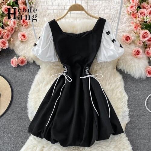HangCode Women Dress Summer 2021 Lolita Lace Up Slim Waist Black Short Dress Puff Sleeve Gothic Party Mini Dress Vestidos