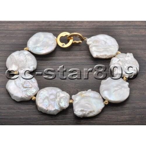 P6774 Huge 8" 30mm White Baroque Coin Keshi Pearl Bracelet