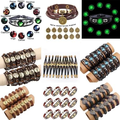 WarBLade 12pcs/set 12 Constellations Bracelets Bangles Fashion Punk Men Leather Bracelet Vintage Zodiac Signs Women Wristband