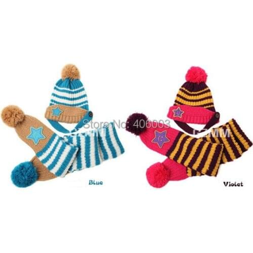 Children cap and scarf set beanies five-star two piece suit Hat Beret baby winter hats boys 2014 wholesale