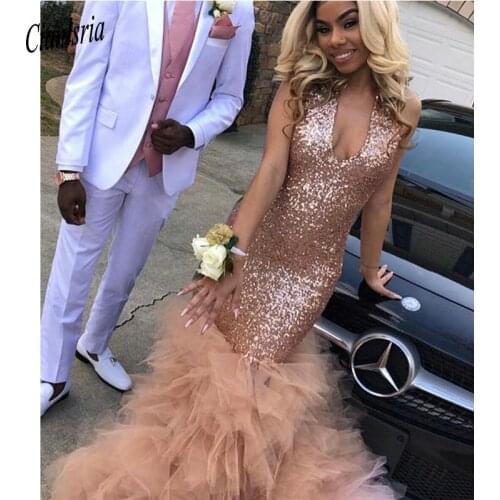 V Neck Sequins Mermaid Long Prom Dresses Black Girls 'Sparkling Tulle Layered Ruffles Vestidos de Festa Party Evening Gowns
