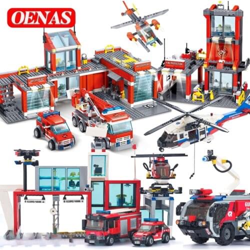 City Fire Rescue Station Car Aerial Ladder Truck Vehicle Helicopter Building Block Bricks Educational kid DIY Toys Children Gift