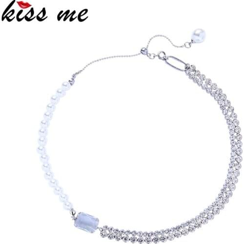 Kissme Unique Acrylic Pearl Crystal Splicing Chains Choker Necklaces For Women Geometric Glass Pendant Necklace Fashion Jewelry