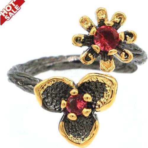 26x18mm HipHop Created Rhodolite Garnet White Brigh Zircon For Men Gothic Cool Black Metal Silver Rings Street Fashion Jewelry