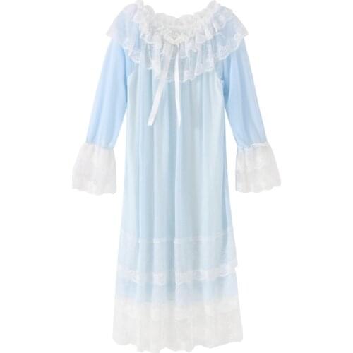 Sweet Princess Style Nightdress Summer Womens Pajamas Loose Dress Long Sleeve Lace Ruffles Mesh Long Dress Nightclothes Vestidos