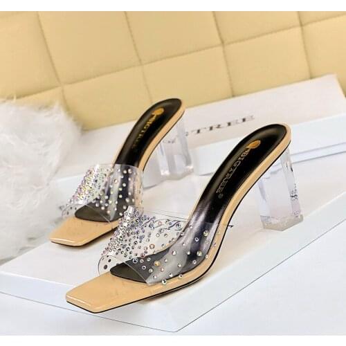 Bigtree 2021NEW PVC Mules Summer Women Shoes Sandals Bling Fashion Korean Style Peep-Toe Transparent Crystal With Shallow Party