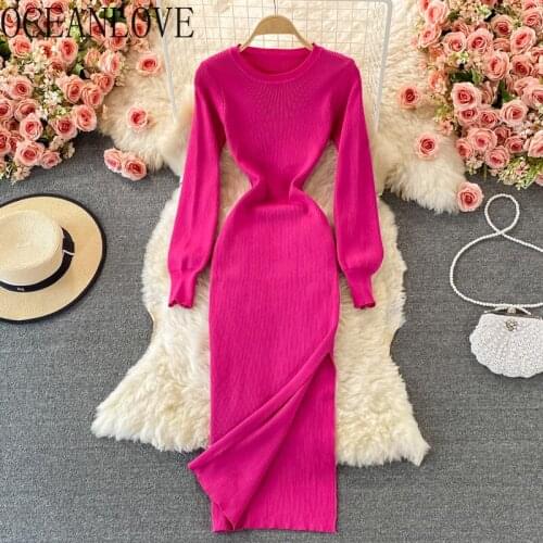 OCEANLOVE Autumn Winter Dress Solid Knitting Korean Vintage Stretch Bodycon Vestidos 2021 High Waist Sexy Women Dresses