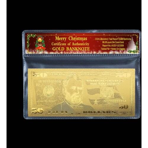 Gift commemorative coin 50 dollar old banknote 24k gold-plated Christmas plastic photo frame paper gift 2 / batch