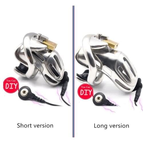 Electric shock male stainless steel long cage Chastity CB6000 metal cock ring ball stretcher penis lock BDSM restraint sex toy