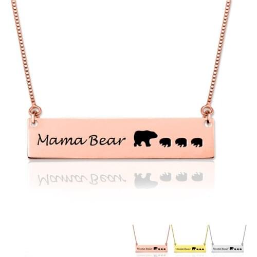 Custom Mama Bear Bar Necklace Personalized Mother Gift Rose Gold Plated Square Pendant Necklace Jewelry For Men Women Family