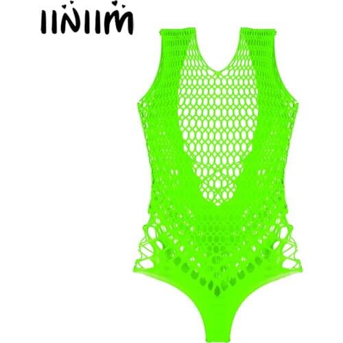 Iiniim Women Apparel Leotard Lingerie Nightwear Teddies See-through Mesh Sleeveless Female Stretchy Backless Hollow Out Bodysuit