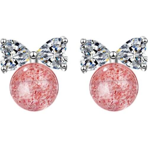 New Hot Strawberry Quartz Bow Zircon Stud Earrings For Women Christmas Jewelry Statement Earrings SAE13