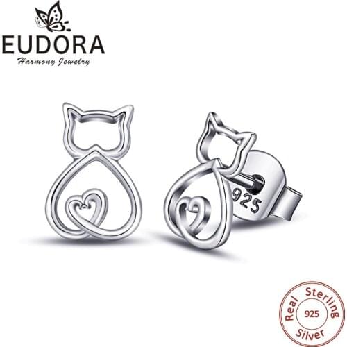 EUDORA Genuine 925 Sterling Silver Cute Cat Stud Earrings heart Animal earring for Women Fashion Jewelry girl Bijoux Party gifts