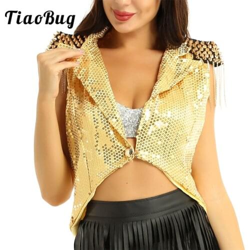 Women Sequin Blazer Sleeveless Clubwear Turn-Down Bomber Jacket Costume Modern Jazz Hip-hop Stage Dance Costumes