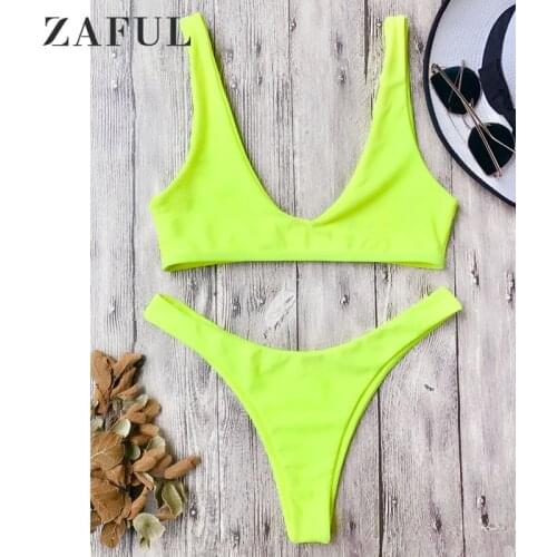 Zaful High Cut Scoop Neck Bikini Set Bralette Wire Free Swimwears Solid Women Sexy Swimsuit Elastic Girl Bathing Suit 2020