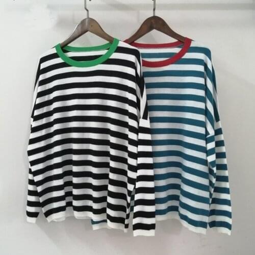 Women Sweater Cardigan Womens Thin Classic Striped Striped Contrast Loose Round Neck Sweater