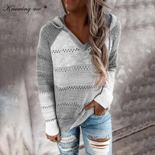 5XL Hooded Sweater Women Sexy V Neck Patchwork Knitted Sweater Autumn Winter Striped Elegant Long Sleeve Pullovers streetwear