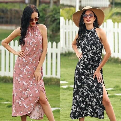 Womens Summer Cool Sexy Dress Small Fresh Hanging Neck Broken Flower Split Dress Sleeveless Breathable Slim Skirt Dress