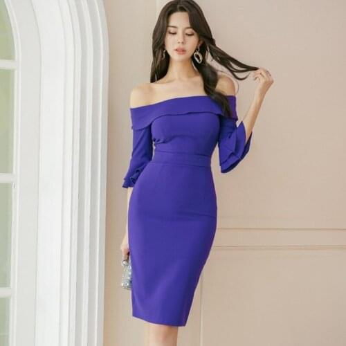 New arrival fashion pencil dress women elegant summer sexy slash neck flared sleeve temperament OL simple bodycon party dress