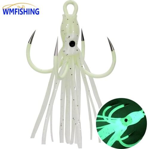 10Pcs/Lot Squid Skirts Fishing Hooks Glow Night Quadruple Fishing Lures Luminous Octopus Artificial Bait Hook Saltwater JIG