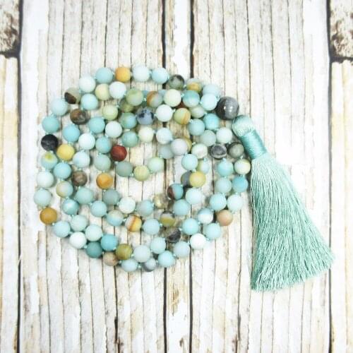 108 Mala Bead Necklace Nature Amazonite Knotted Necklace Tassel Necklaces Yoga Prayer Necklaces Chakra Balancing Jewelry