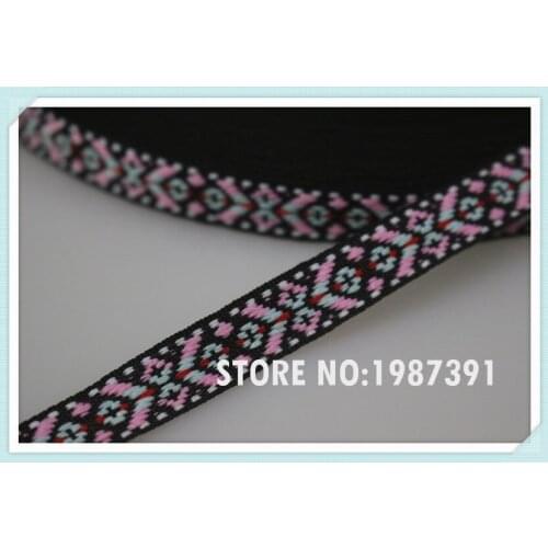 20yards/lot wide 1.2cm Woven Jacquard Ribbon black background rose pink pattern for curtain and clothing accessory LS-5843