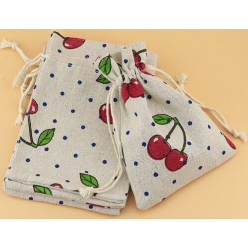 50pcs 10*14cm Cherry Design Cotton Bags Drawstring Gift Bag Incense Storage Linen Bag Keychain Coins Jewelry Packaging Bags