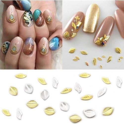 50Pcs Gold Silver Leaf Rivet Nail Parts Decoration Japanese Style Metal Studs Jewelry Charm DIY Nail Art Accessories
