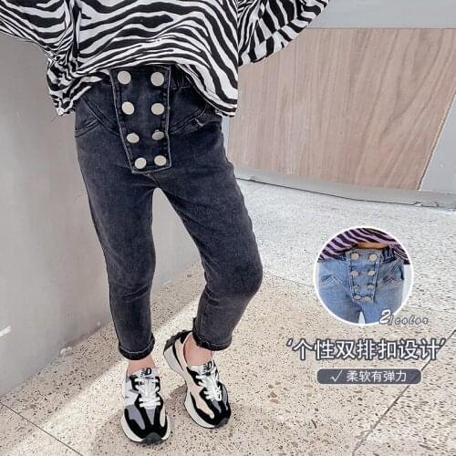 Skinny Jeans for Girls Denim Children Broken Jeans for size 2 3 4 5 7 Years Button Design Casual Jeans Solid Kids Girls Jeans