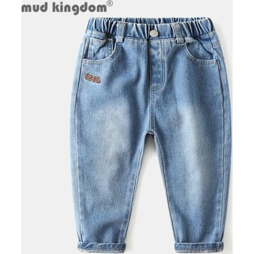 Mudkingdom Little Boy Jeans Fashion Solid Letter Print Slant Pocket Casual Denim Pants for Kids Elastic Waist Children Clothing