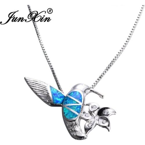 JUNXIN Women Fashion Blue Fire Opal Bird with Flower Pendants & Necklaces Silver Color White CZ Animal Necklace