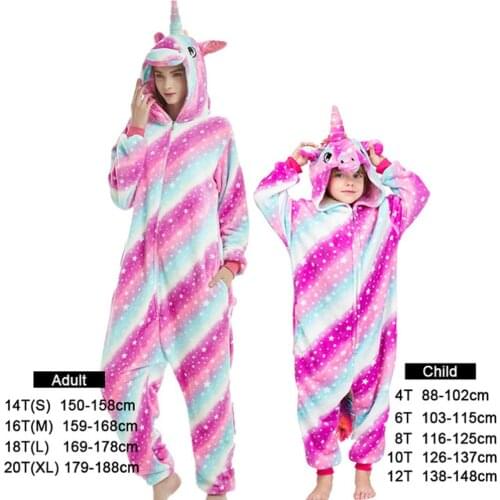 Kigurumi Women Flannel Winter Pajamas Teenager Animal Unicorn Rainbow Overalls Costume Kids Family Sleeping Clothes