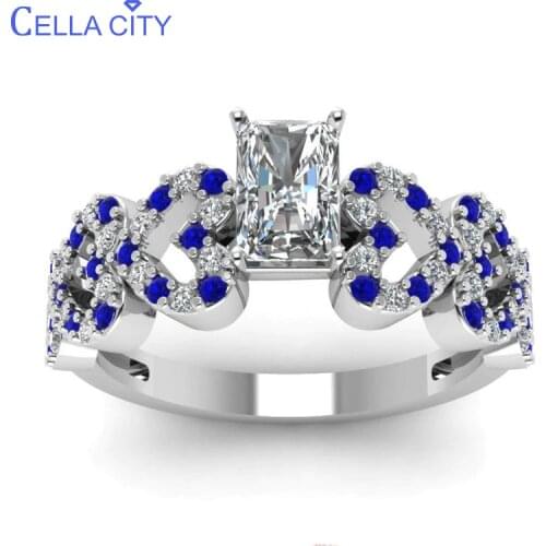 Cellacity Classic Silver 925 Ring For Women With Rectangle Zricon Gemstones Round Sapphire Hollowed Out Heart Wedding Party Gift