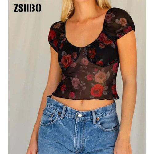 Mesh Crop Top Women Puff Sleeve Shirts Rose Print O-Neck See-Through Sexy Summer Tank Top Black Transparant Summer Top
