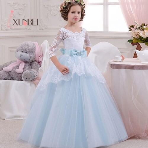 Big Bow Princess Lace Flower Girl Dresses Floor Length 3/4 Sleeves Girls Pageant Dresses First Communion Dresses