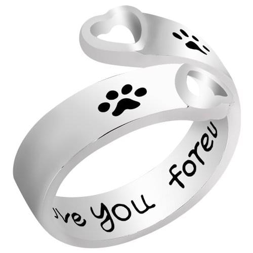 Fashion Hollow Pet Dog Paw Foot Print Ring Carved " I will love you forever " Dogs Footprints Claws Love Heart Rings For Women