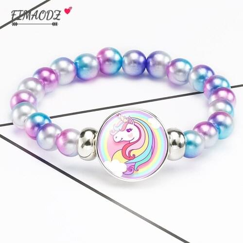 FIMAODZ Fashion Unicorn Beads Bracelets Cartoon Horse 18mm Glass Button Art Picture Charm Bracelets For Women Kids Party Gift
